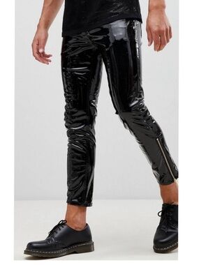 NWT ASOS Black Vinyl Latex Pants Ankle Zip 5 Pocket Gold Hardware 32 x 32